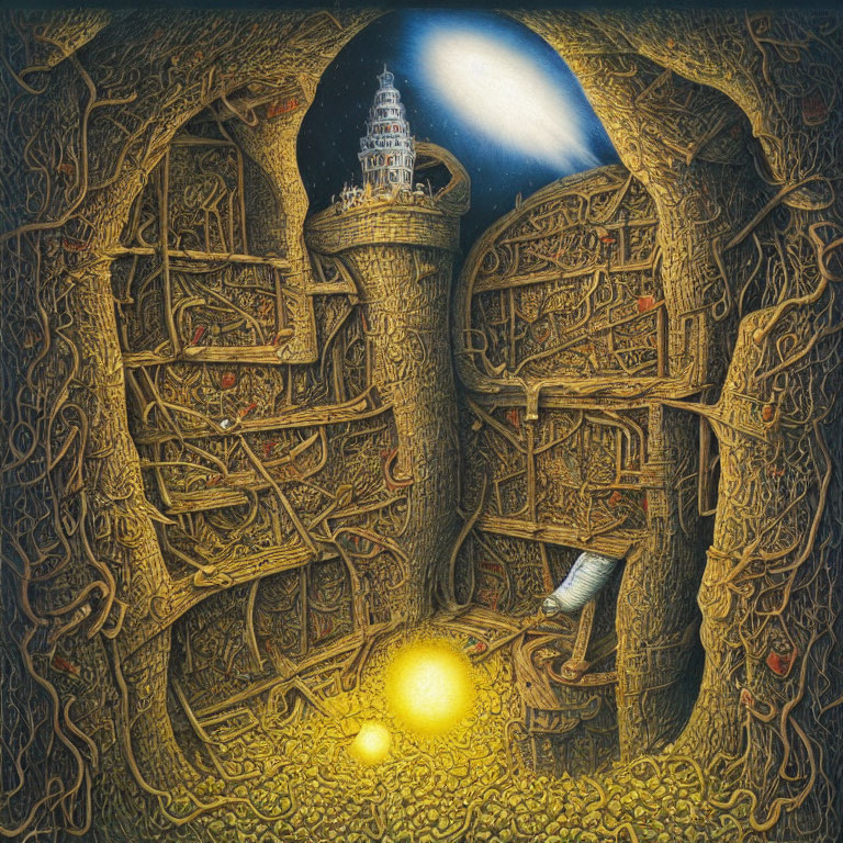 Fantastical artwork of labyrinthine tree with glowing orb, tower, crescent moon.