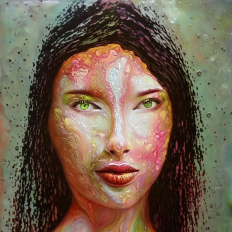Multicolored surreal portrait of a woman with liquid-like skin and green eyes