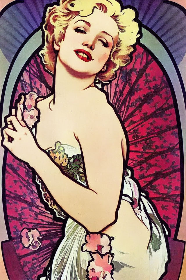 Art Deco Style Blonde Woman in Floral Dress Illustration