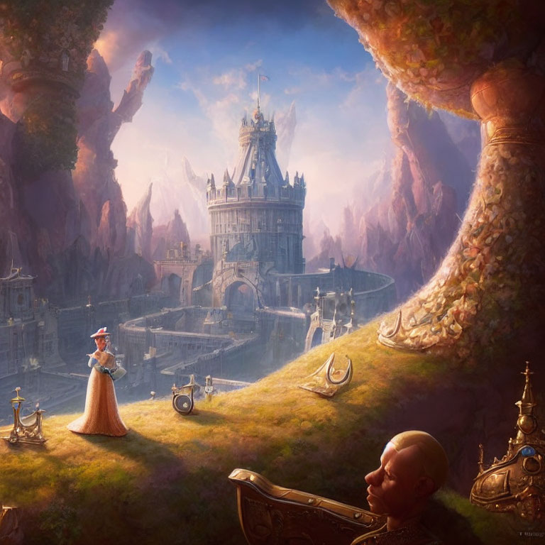 Fantasy castle scene with giant baby and woman in gown