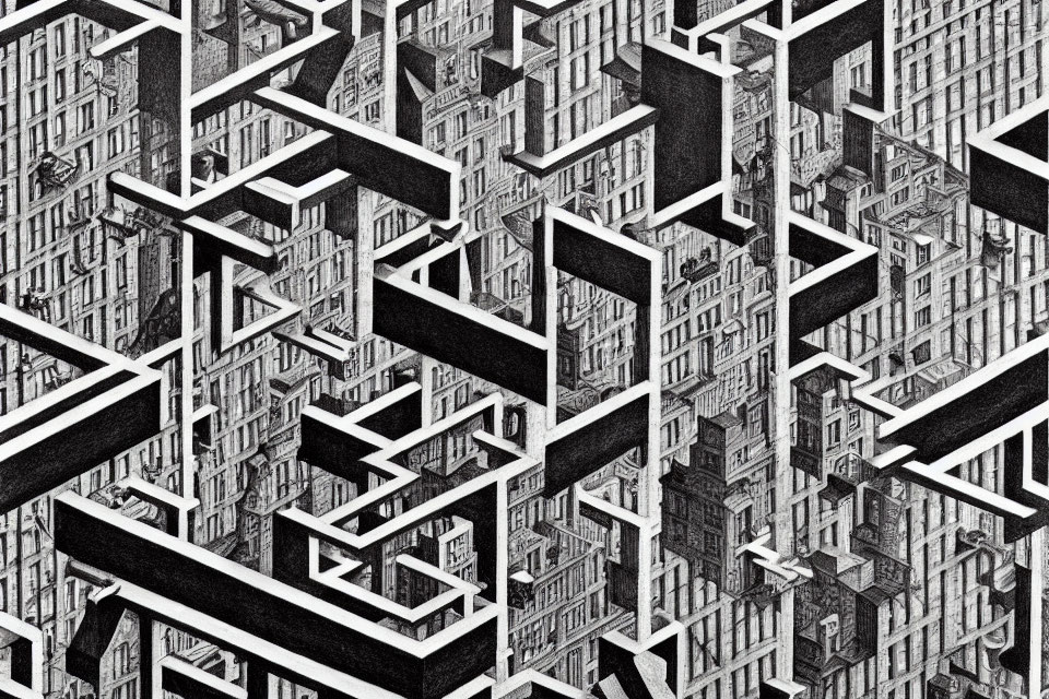 Intricate black-and-white optical illusion with impossible structures.