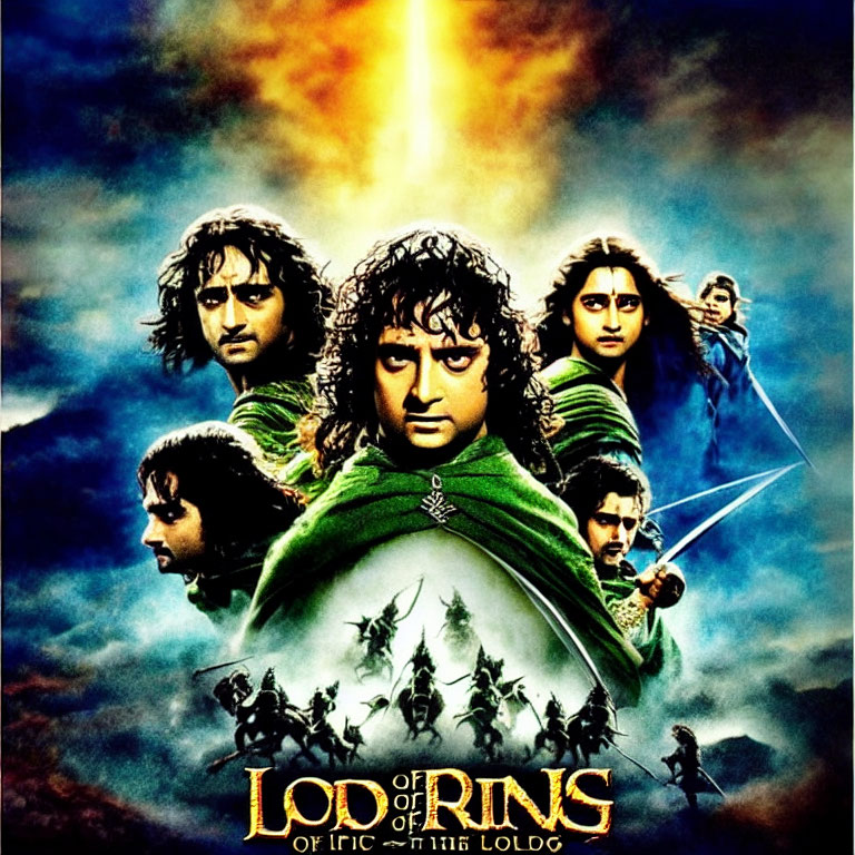 Movie poster: Four characters in green cloaks with swords under dramatic sky and central beam of light.