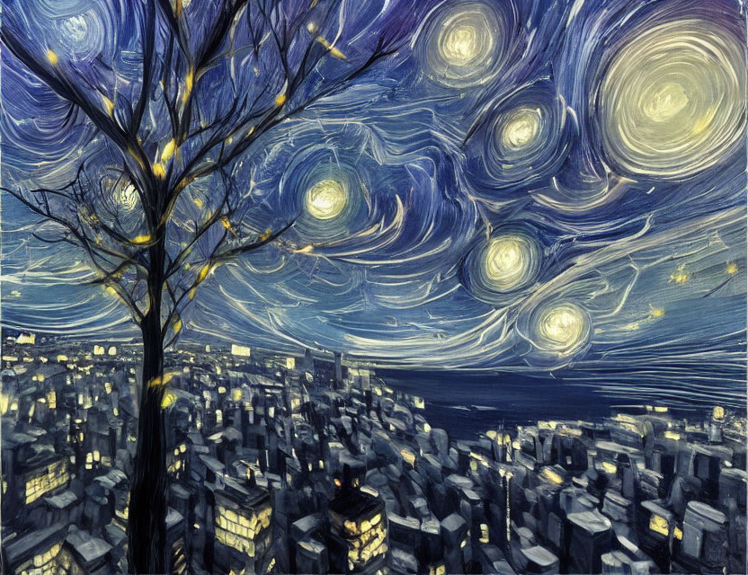 Cityscape at Night with Starry Sky and Barren Tree reminiscent of "Starry Night