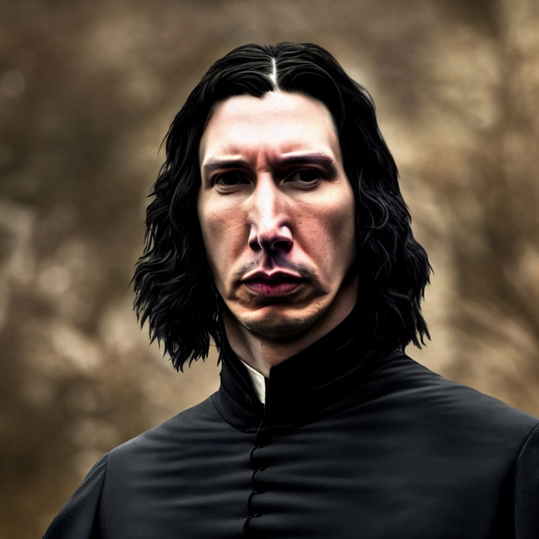Digital artwork of a man with long, dark hair and high-collared black shirt