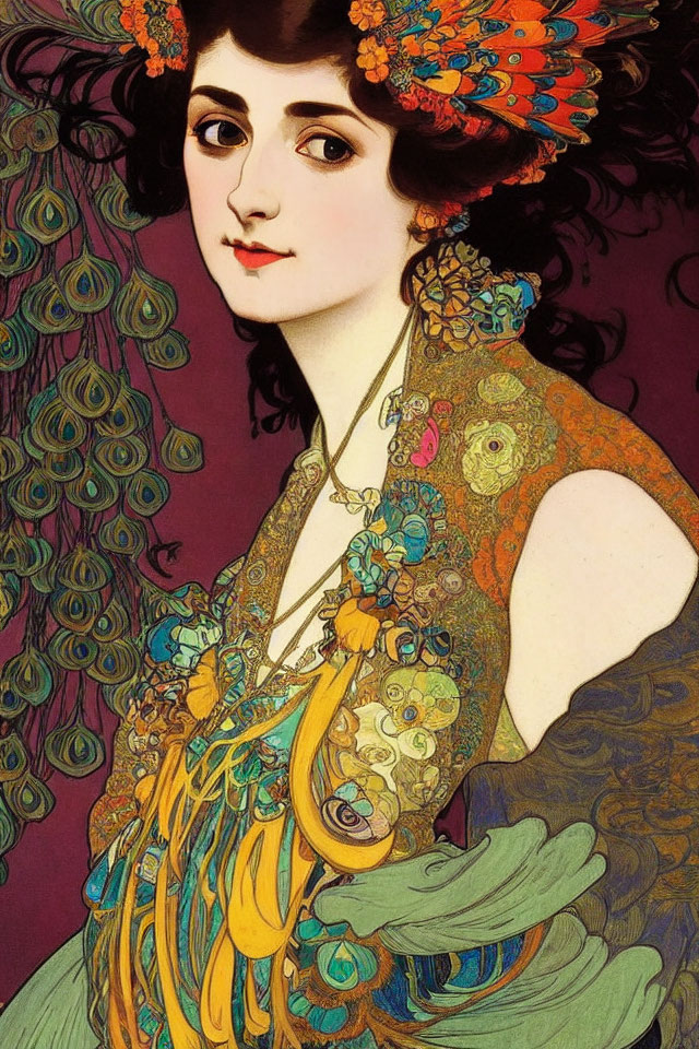 Dark-haired woman in floral hairpiece, wearing peacock feather patterned dress in Art Nouveau style