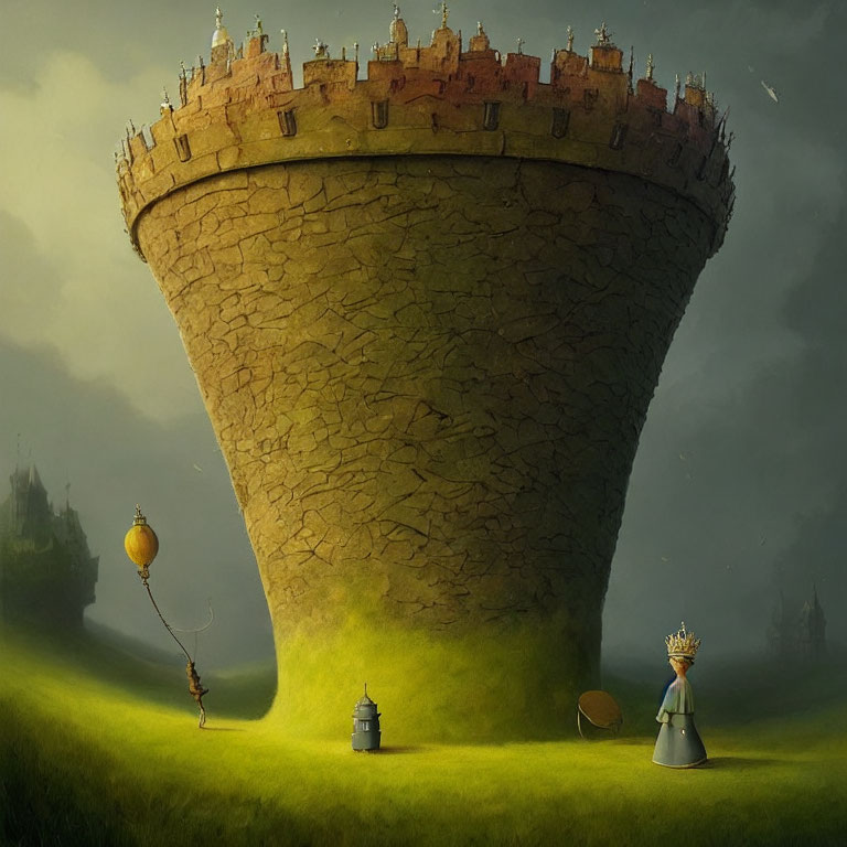 Surreal fairytale landscape with cone-shaped castle, princess, knight, and balloon
