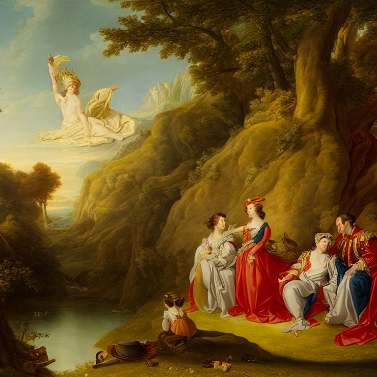 Elegant figures conversing by lakeside with mythical being in serene landscape