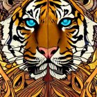 Colorful Tiger Face Illustration with Intricate Patterns and Blue Eyes