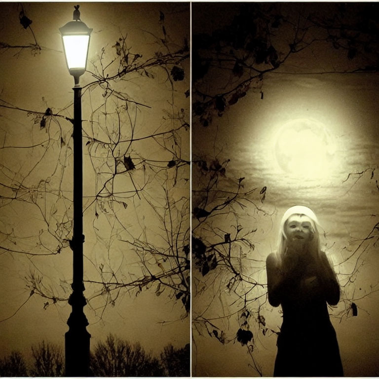 Glowing street lamp and woman under full moon in haunting diptych