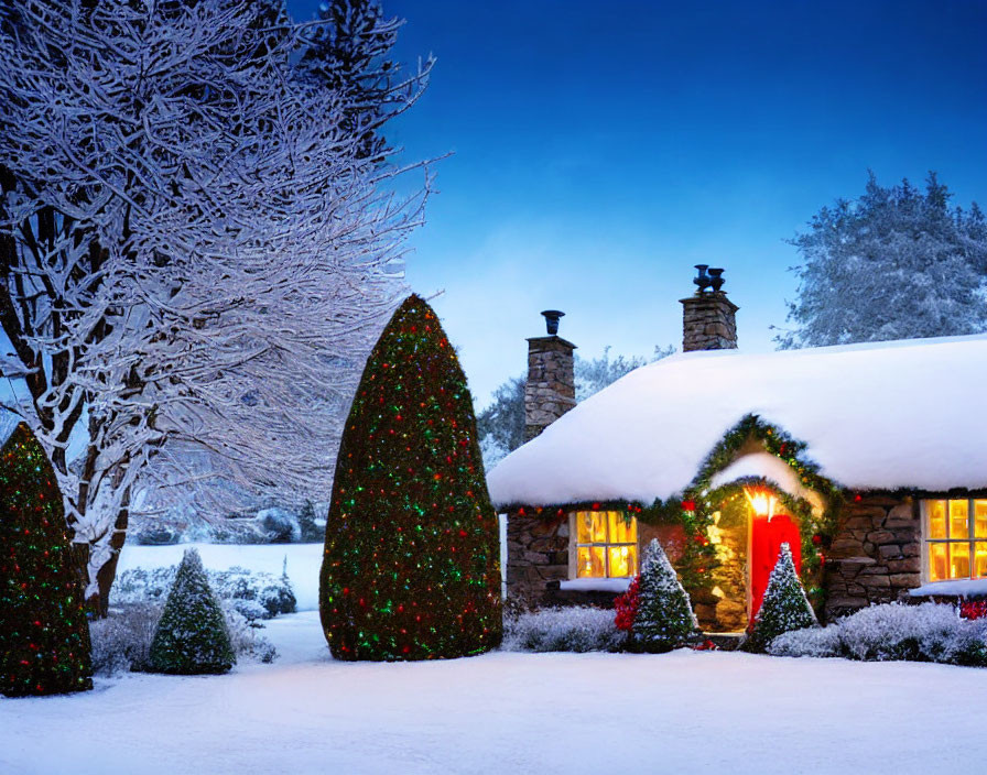 Snow-covered cottage with Christmas lights in twilight setting amid snow-dusted trees.