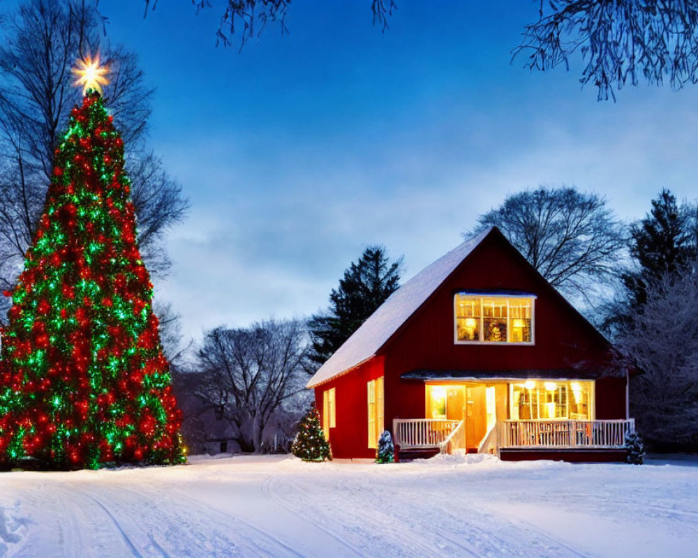 Warmly Lit House with Outdoor Christmas Tree in Snowy Twilight