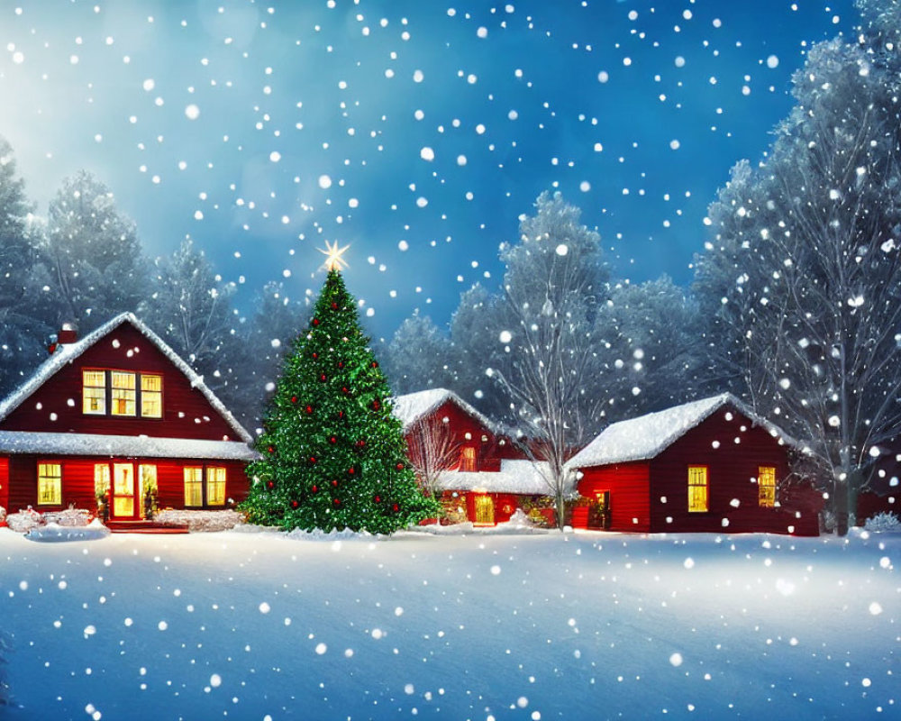 Winter Scene: Snowy Landscape with Red Cabins and Christmas Tree