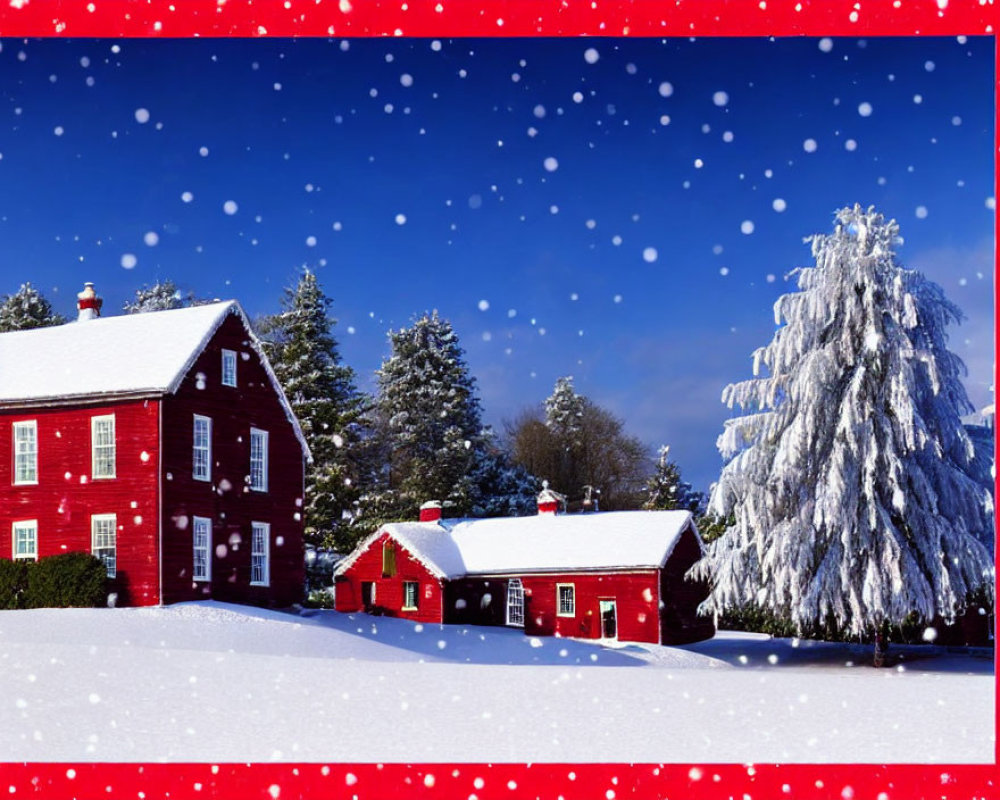 Red house and garage in snowy landscape with evergreen tree under blue sky