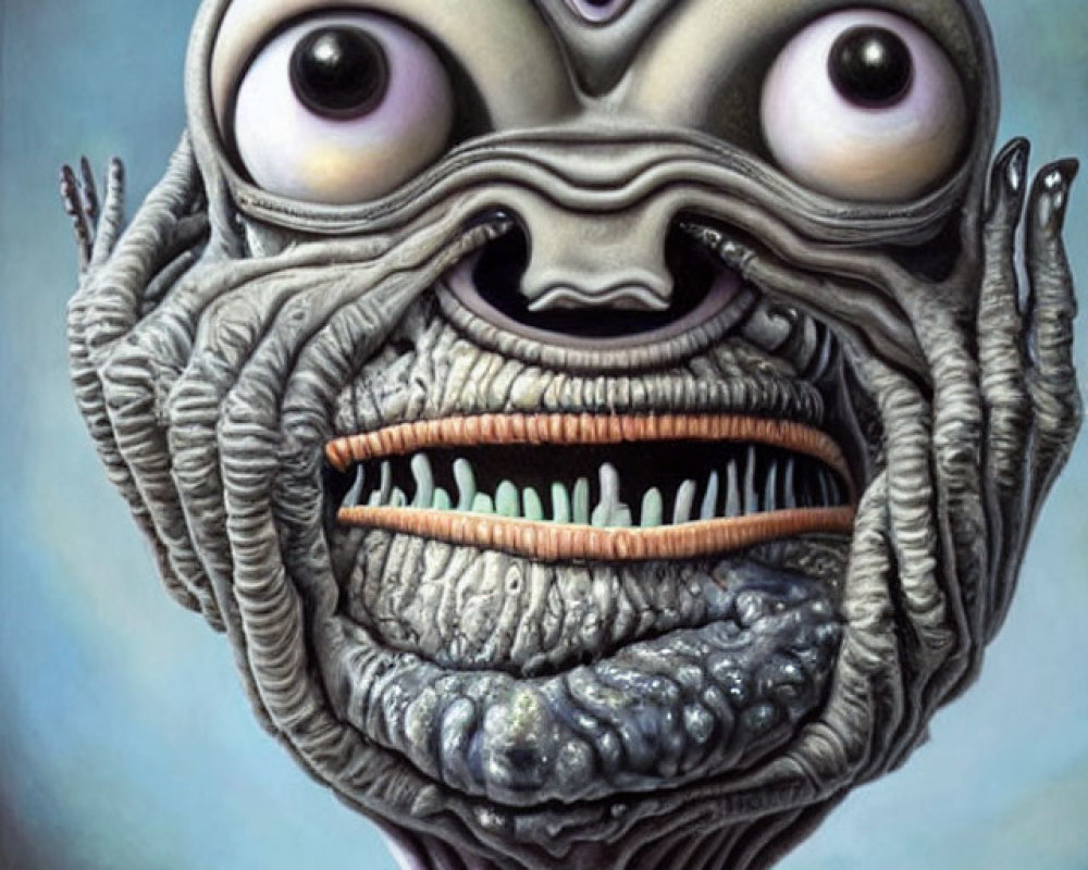 Surreal creature with layered folds, multiple eyes, and teeth in grey and purple