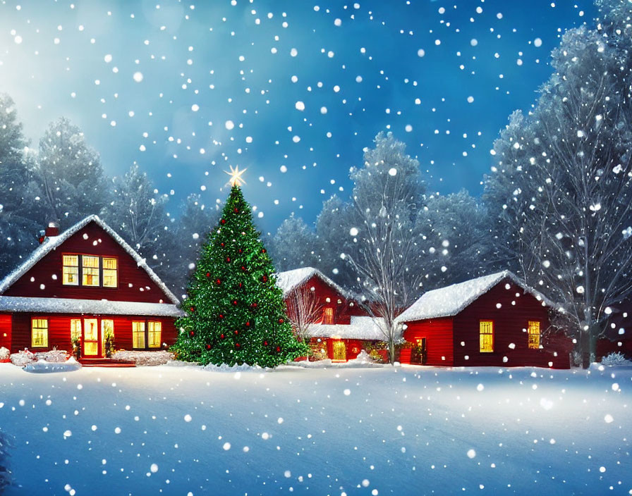 Winter Scene: Snowy Landscape with Red Cabins and Christmas Tree
