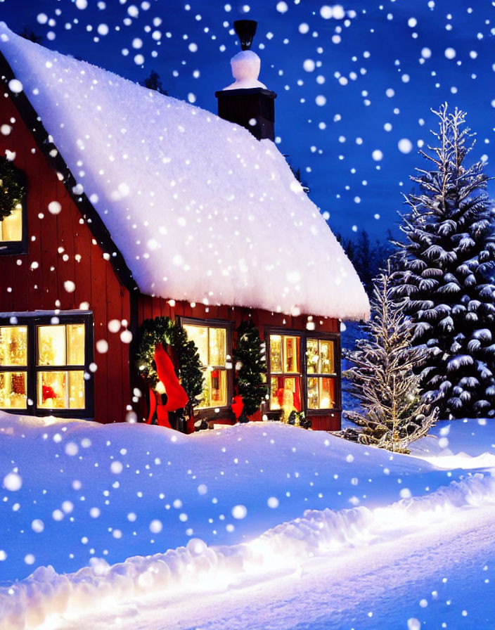 Snow-covered red cabin with warm lights in snowy landscape