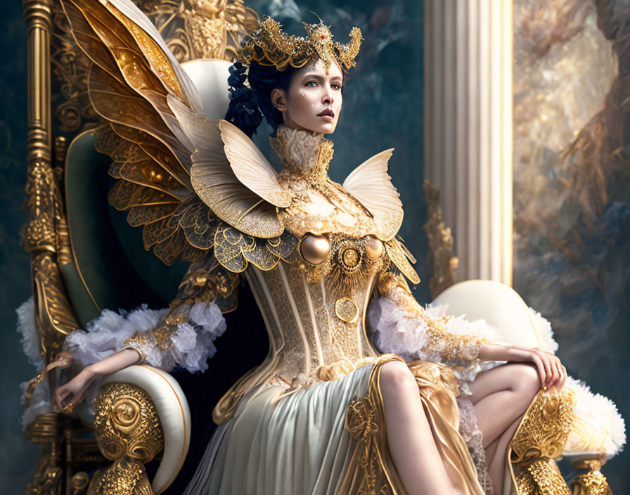 Regal woman in gold and white costume with majestic wings on luxurious chair