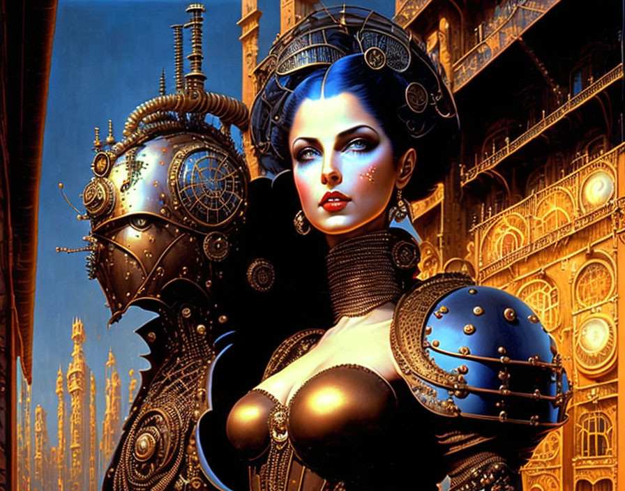 Futuristic blue-haired woman in gold-toned mechanical setting