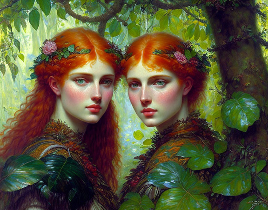 Identical female figures with red hair in lush forest scene