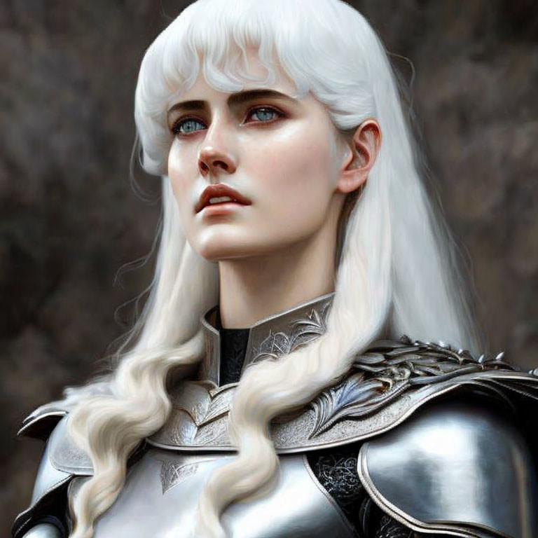 Fantasy warrior woman with blue eyes, white hair, and silver armor.