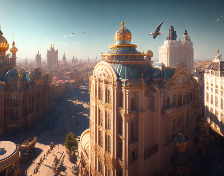 Golden sunlight illuminates ornate cityscape with grand buildings and flying birds under clear blue sky.