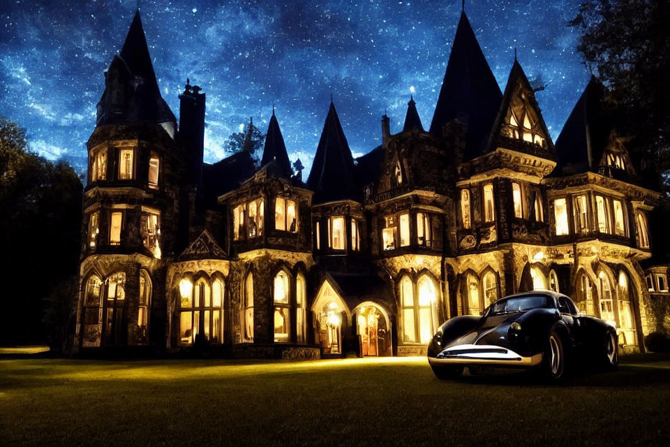 Victorian-style mansion with starry night sky and classic car in foreground