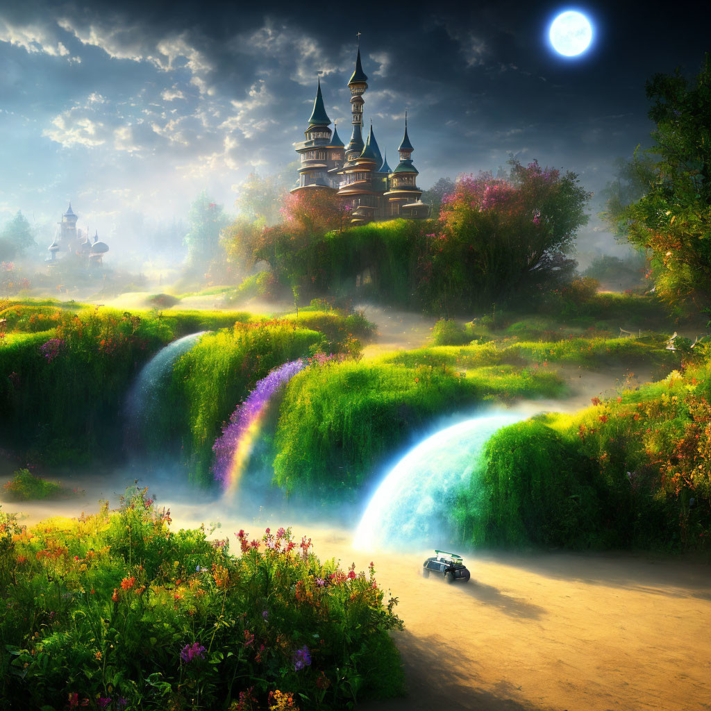 Moonlit fantasy landscape with castle, cliffs, waterfall, and car.