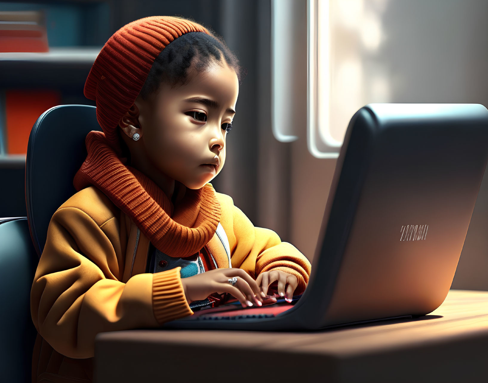 Young girl in red beanie and yellow coat typing on laptop by sunny window