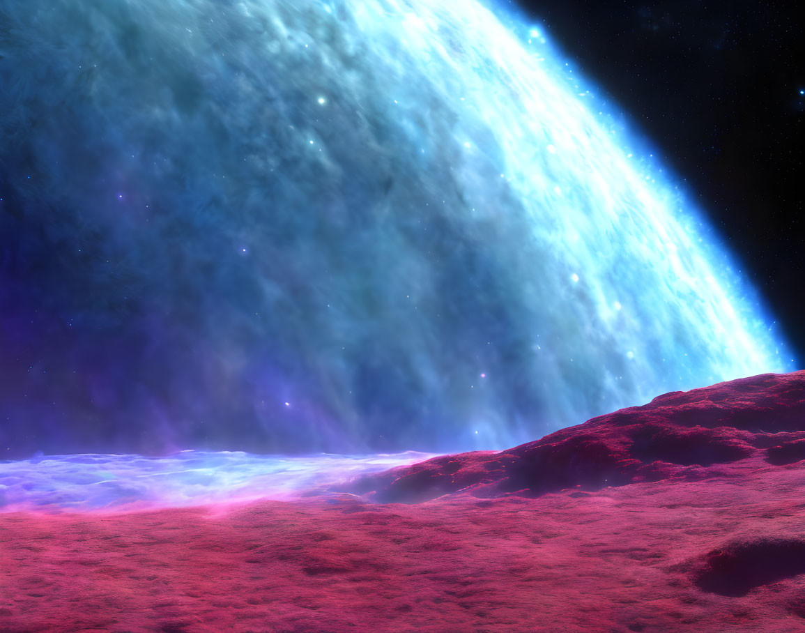 Colorful cosmic landscape with red rocks and blue nebula