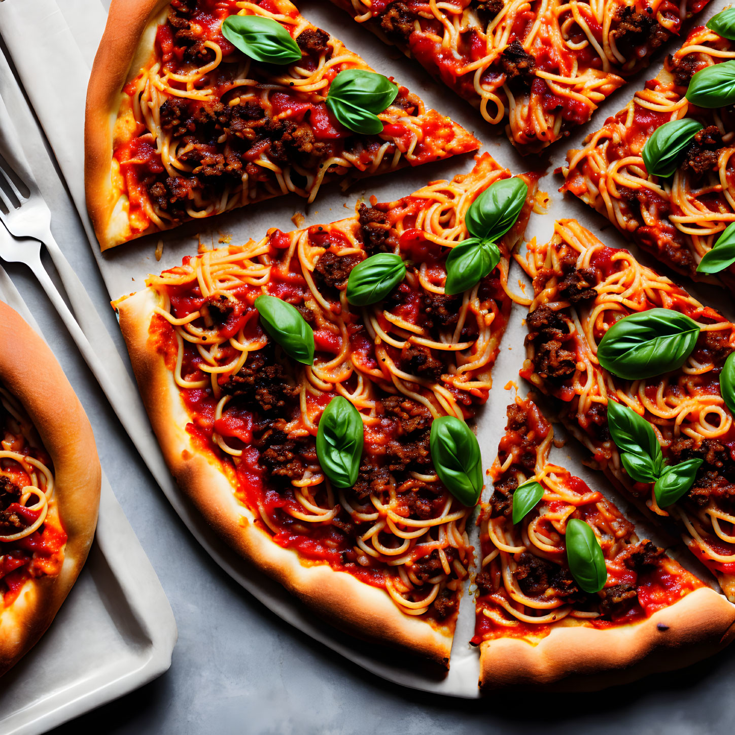 Pizza with spaghetti, meat sauce, and basil slices on light background