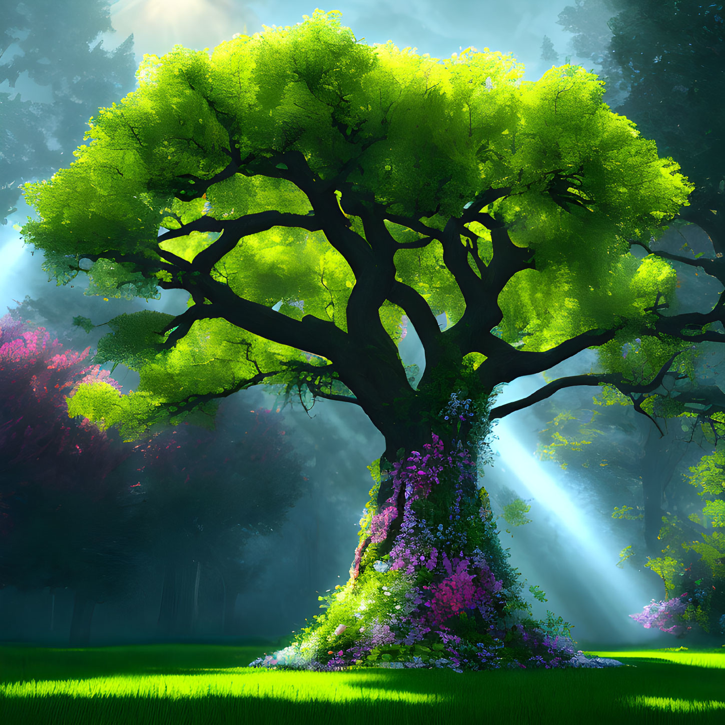 Majestic tree with lush green foliage and purple flowers in misty forest