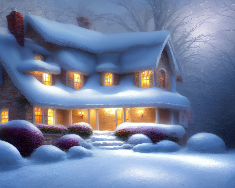 Snow-covered cottage with warm light in serene wintry landscape