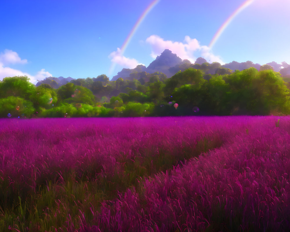 Lavender Field with Double Rainbow and Blue Sky