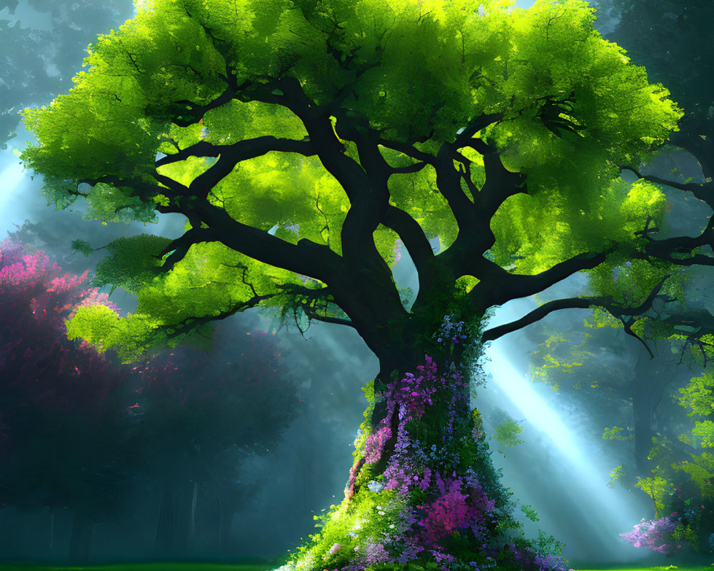Majestic tree with lush green foliage and purple flowers in misty forest