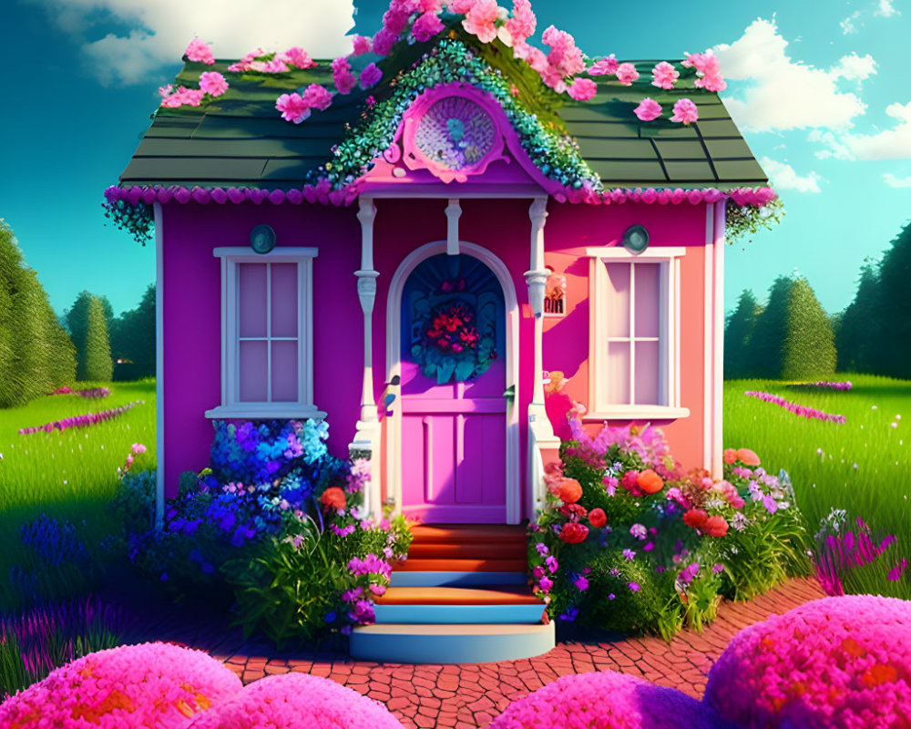 Vibrant Pink Fantasy Cottage in Lush Garden with Oversized Flowers