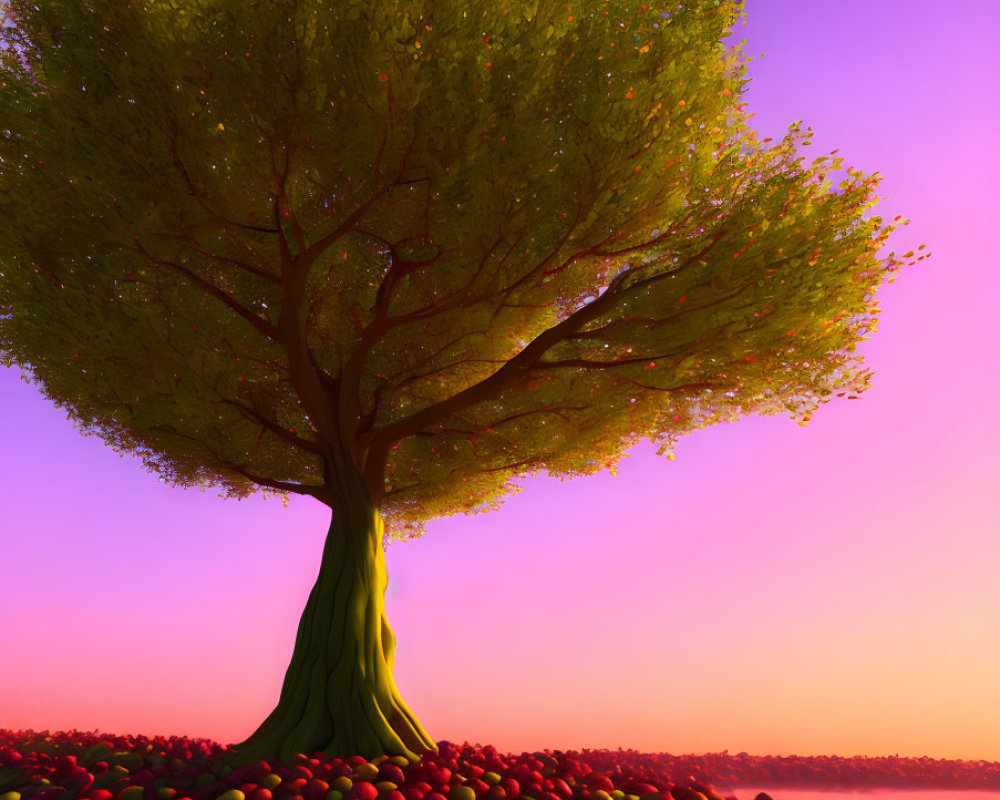 Colorful tree in surreal landscape under pink and purple sky