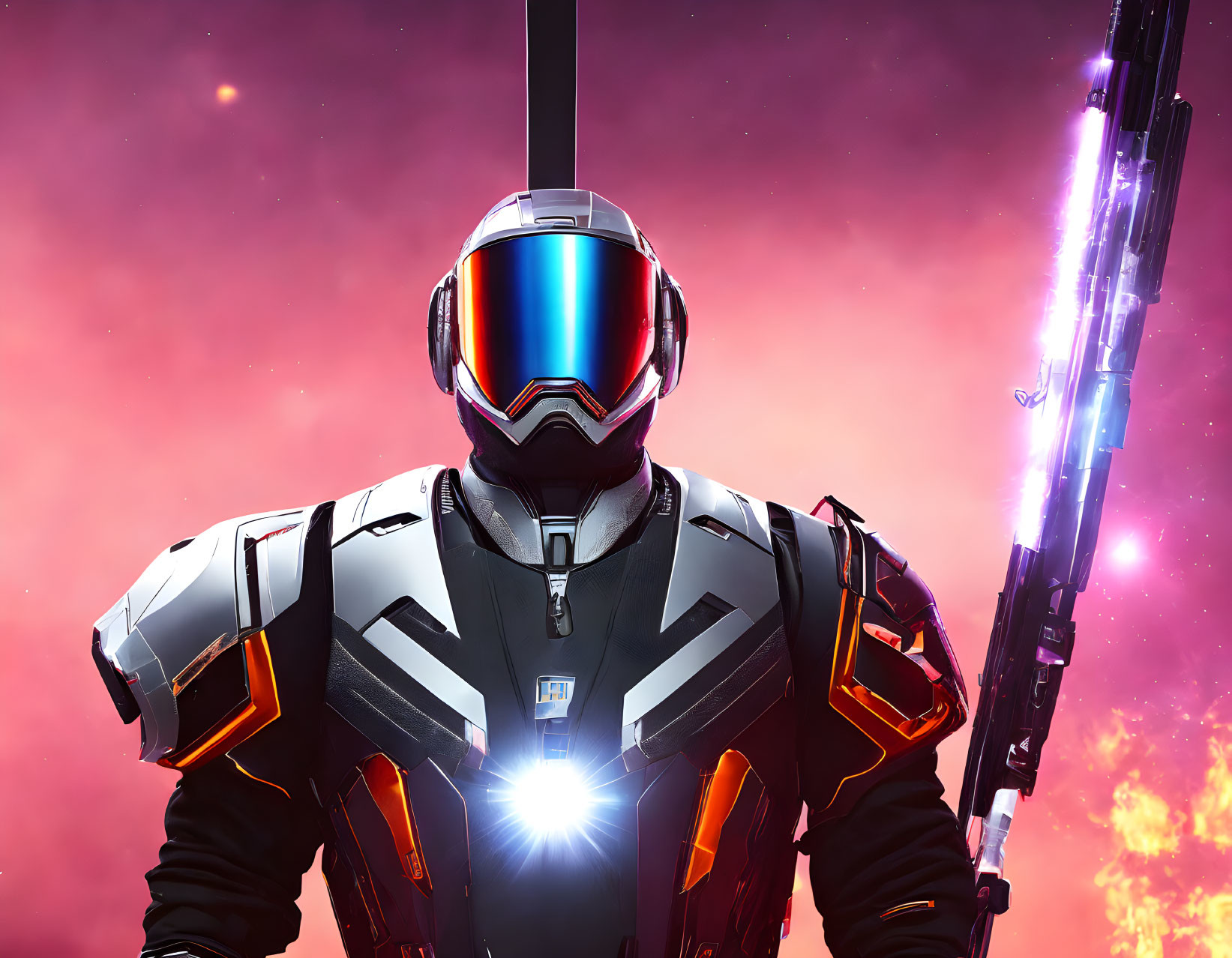 Futuristic soldier in white and black armor with glowing blue visor and neon-lit weapon on