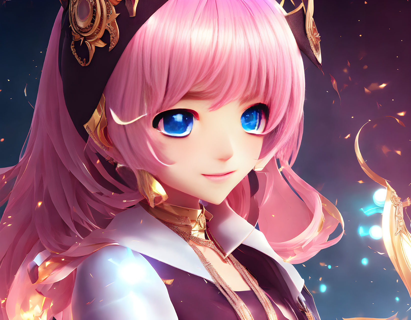Animated character with pink hair, blue eyes, and golden adornments among glowing butterflies