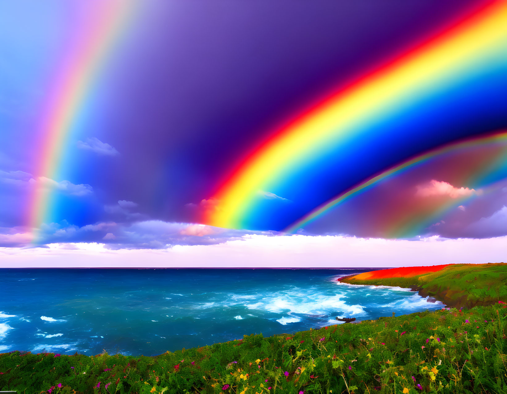 Double Rainbow Over Turbulent Sea and Flower-Covered Coastline