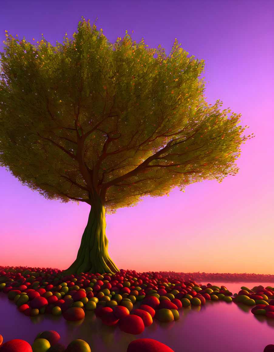 Colorful tree in surreal landscape under pink and purple sky