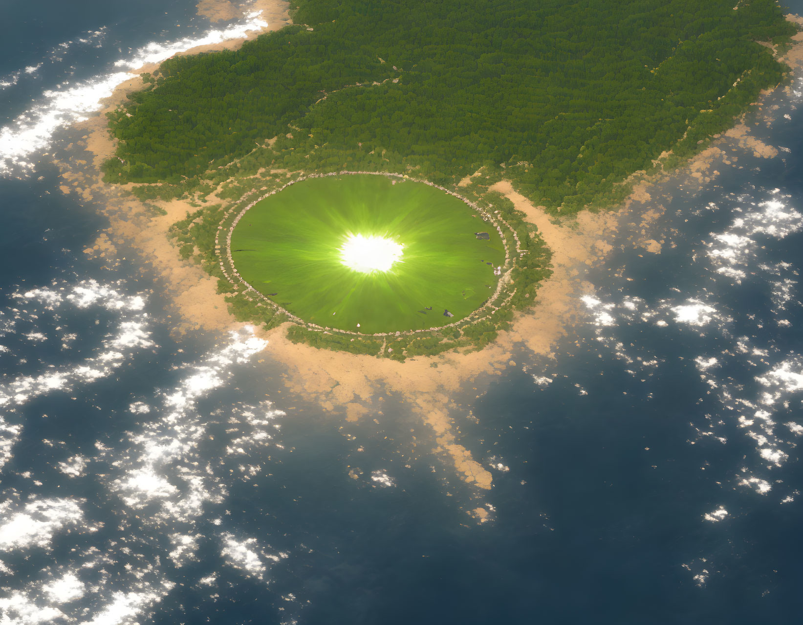 Circular green landform with forest ring and radiant center, ocean clouds.