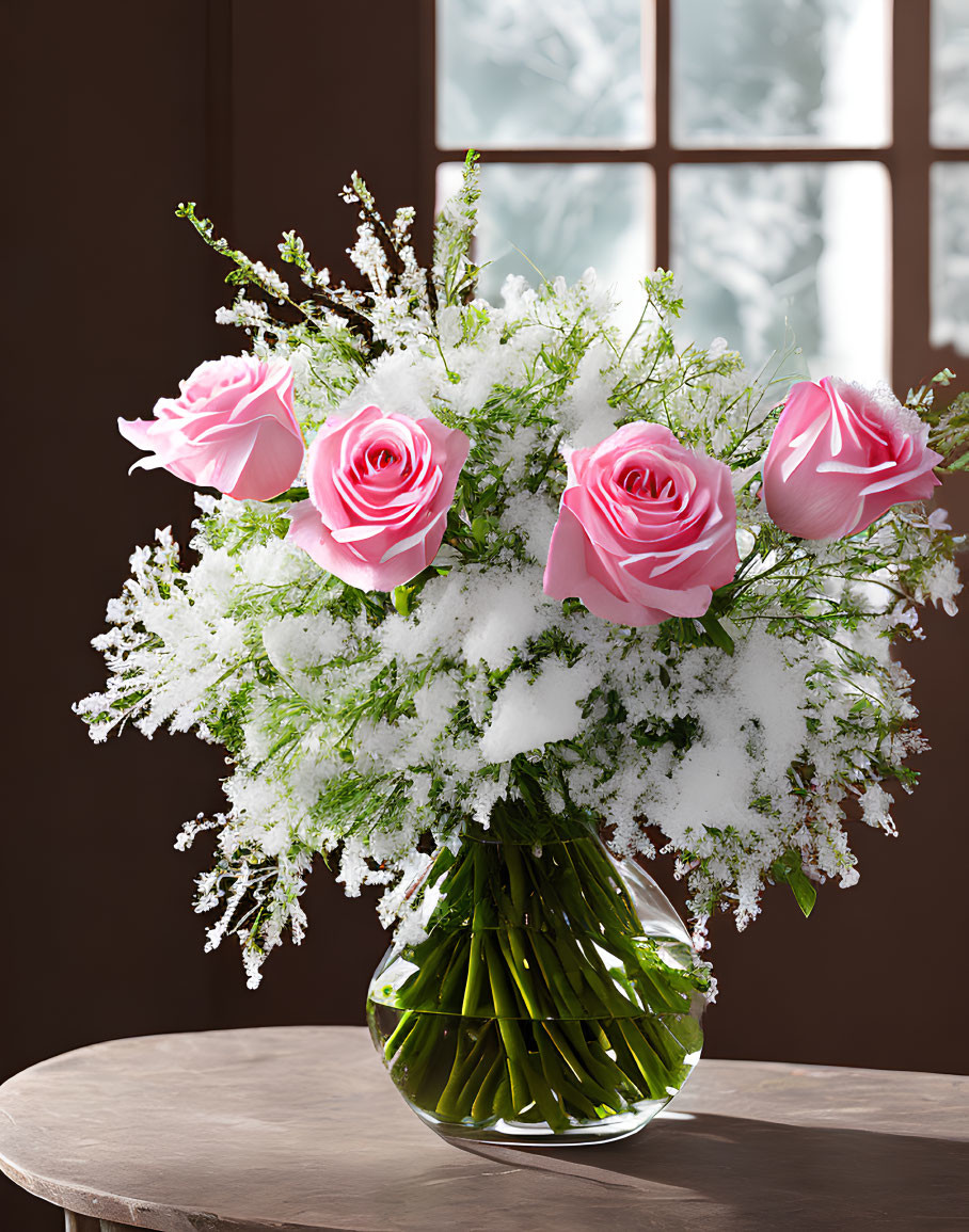 Pink roses and white baby's breath in glass vase on wooden table with window view