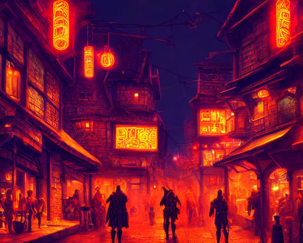 Night Street Scene in Old-Fashioned Asian Town with Neon Glow