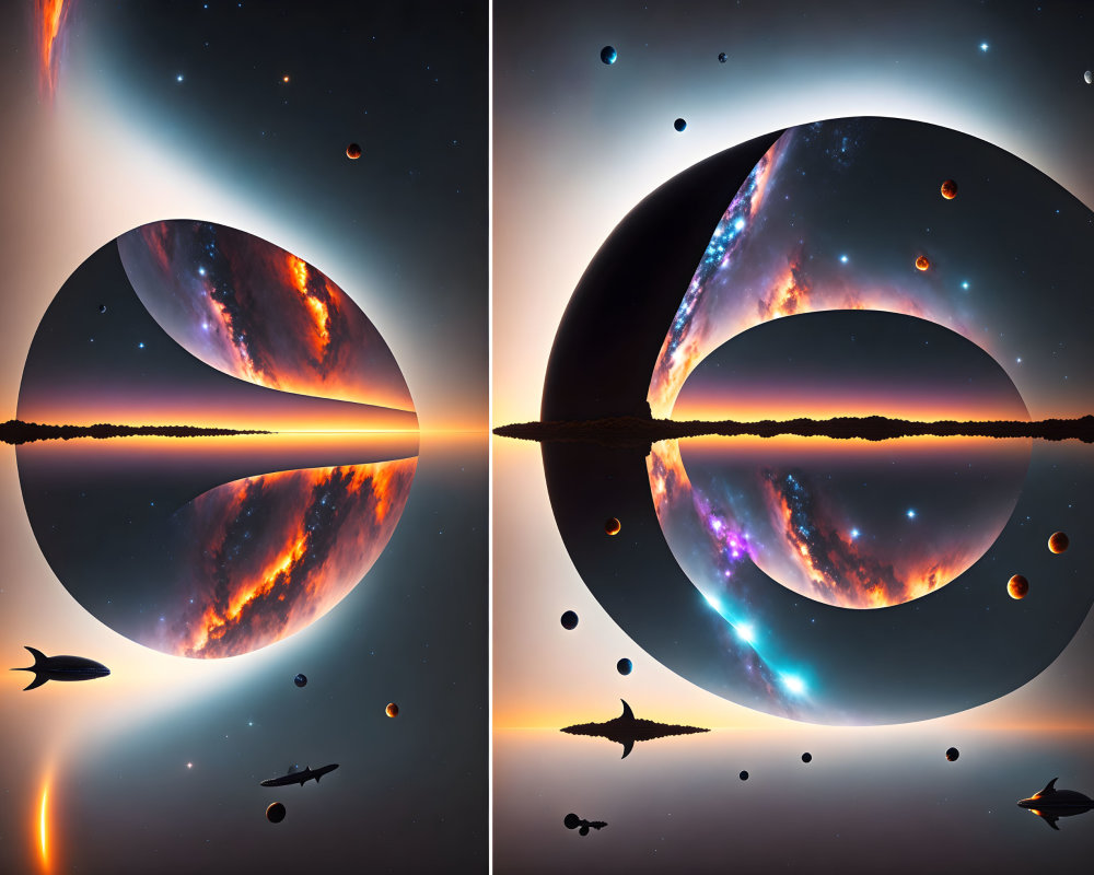 Split celestial bodies reflecting nebulae, stars, and spaceships in surreal cosmic scene