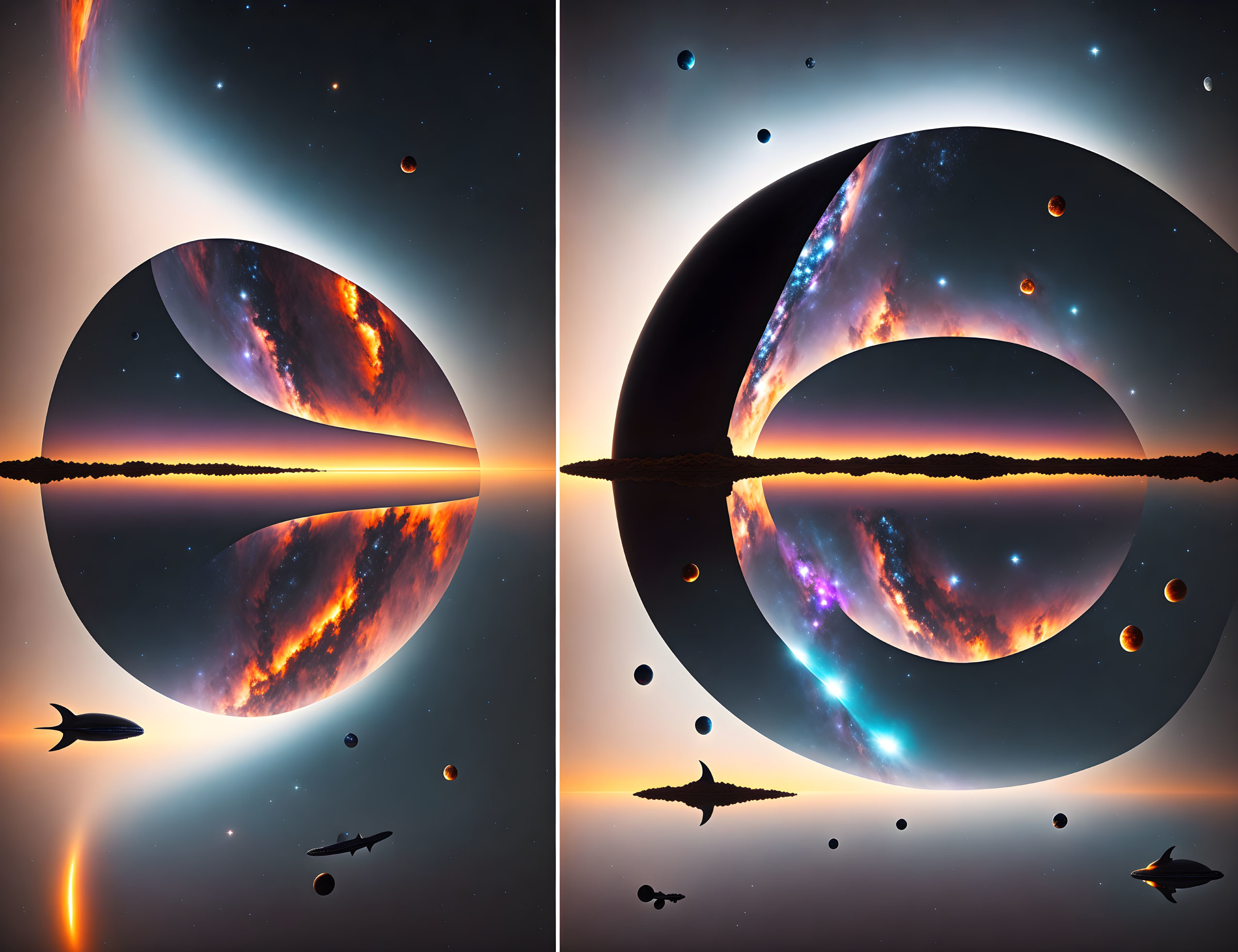 Split celestial bodies reflecting nebulae, stars, and spaceships in surreal cosmic scene