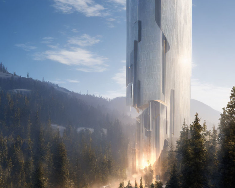 Tall futuristic skyscraper in misty forest with road and cars.