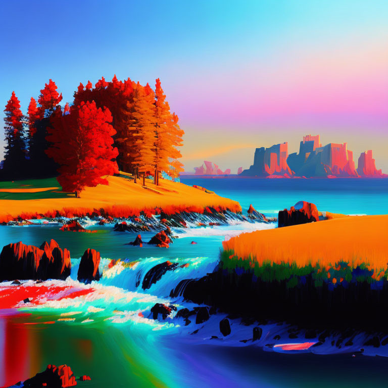 Surreal landscape with colorful river, autumn trees, and cliffs