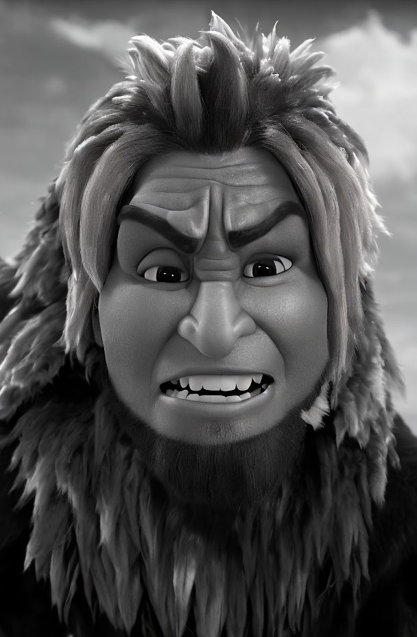 Grayscale cartoon character with stern, angry expression and furry attire.