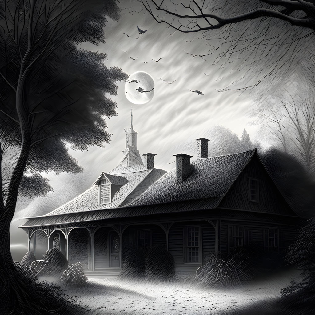 Monochrome image of classic house with steeple, barren trees, bats, full moon