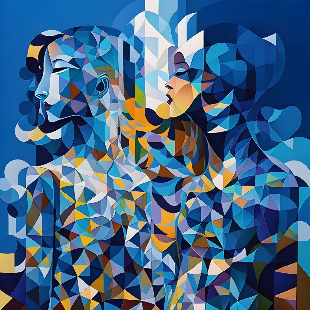 Geometric Abstract Art: Two Faces in Profile with Vibrant Blue Hues